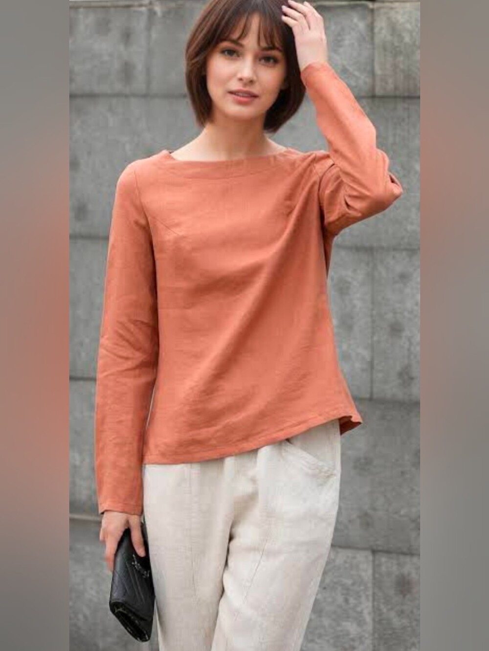 Sigrid Olsen 100% Linen Rust Button-Hem Long Sleeve Top L